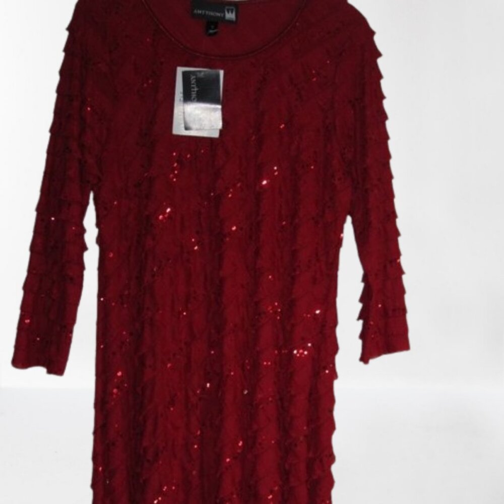 ANTTHONY Original Red Ruffled 3/4 Length Sleeve Holiday Tunic with Sequi…